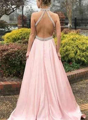 Pink A-line Satin Open Back Sleeveless Halter Long Prom Dress, MD319