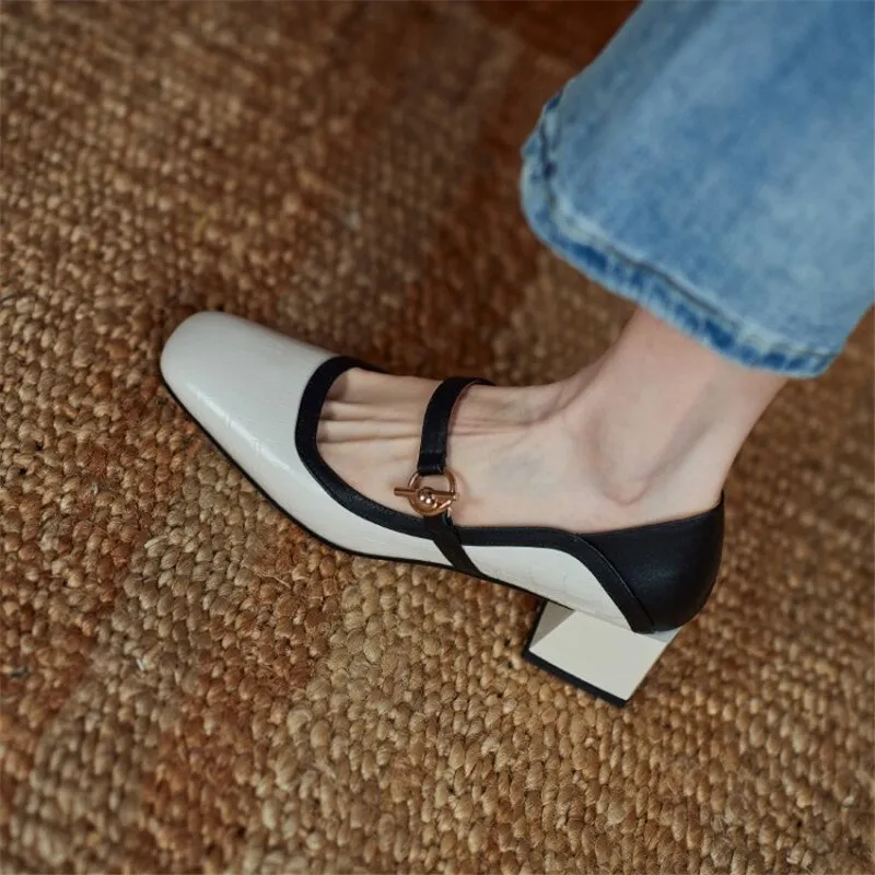 Toleet 2024 Spring/Autumn Women Shoes Square Toe Genuine Leather Stone Pattern Women Pumps Buckle Thick Heel Mixed Colors Female Shoes